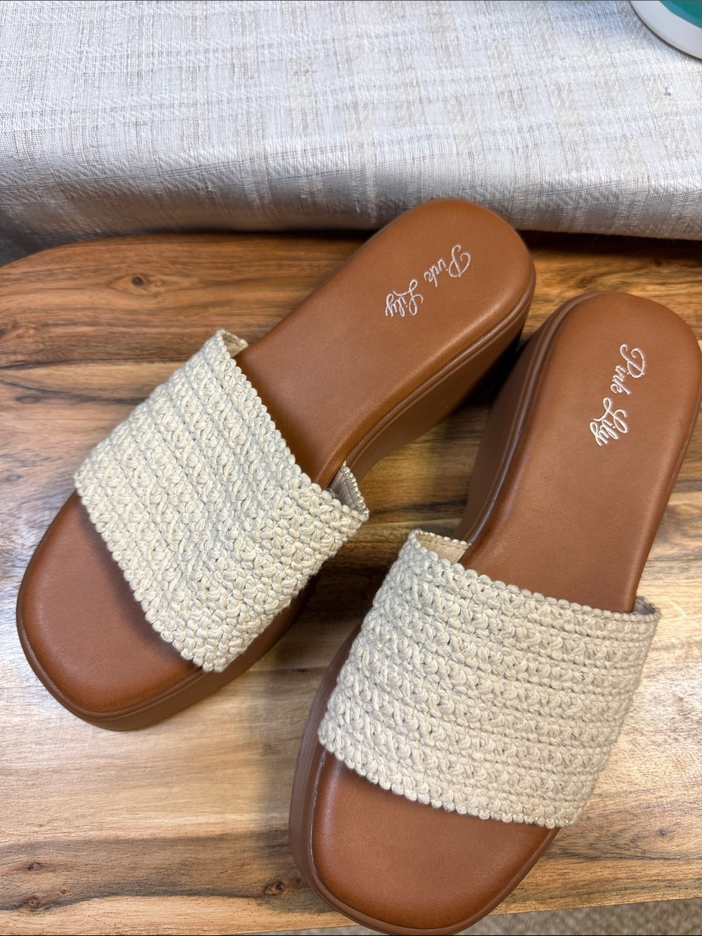 Pink Lily Cream Woven Slide Mules with Brown Footbed